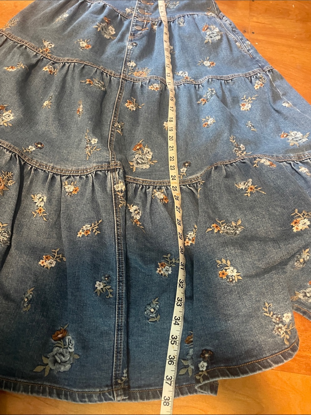 DRIFTWOOD Blue Embroidered Tiered Denim Maxi Skirt - Picture 9 of 10